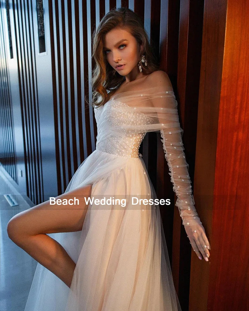 White Bridesmaid Dresses: Champagne Wedding Dresses Side Split Dots Tulle Bride Dress
