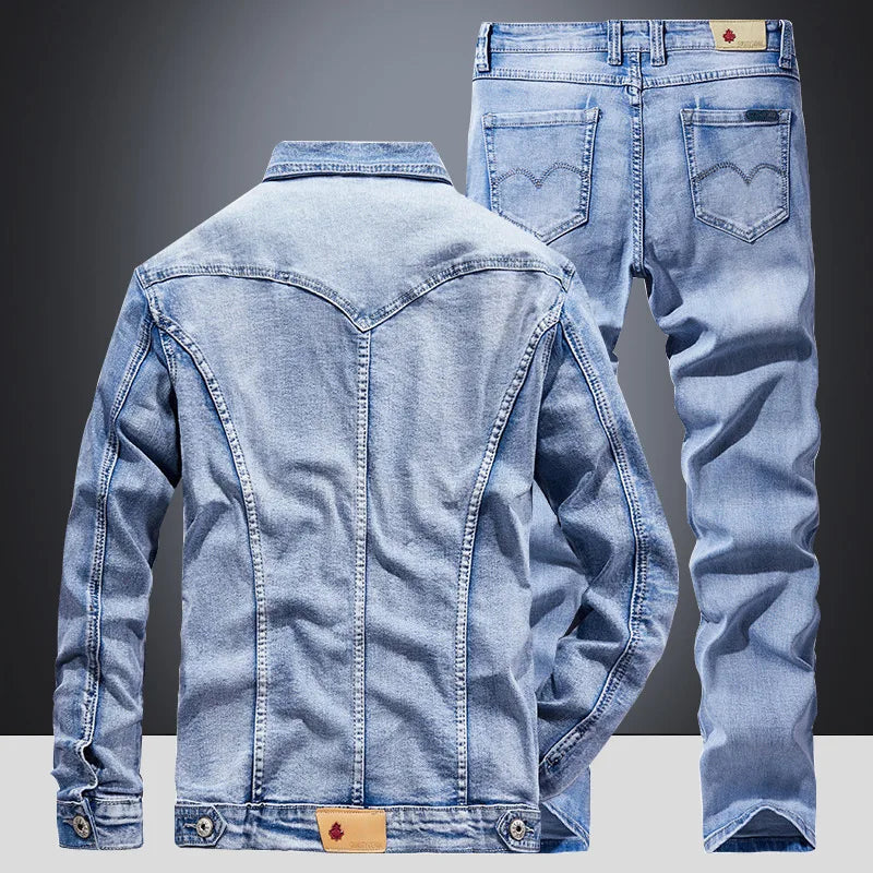 Sets Blue Jean Jackets Men's Fashion Multi Pockets Loose Casual Cotton Vintage  Coats