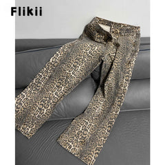 American Retro Leopard High Waist Baggy Jeans Women's Casual Pockets Hip-hop Pants