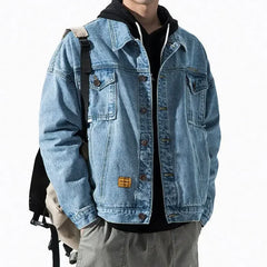 Men's Denim Jacket Blue Button Male Jean Coats with Embroidery Loose Big Size Worn