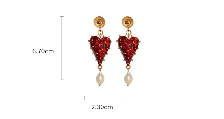 Minar Charming Red Color Resin Love Heart Dangle Earrings for Women Baroque Freshwater Pearl Long Earring Wedding Party Jewelry