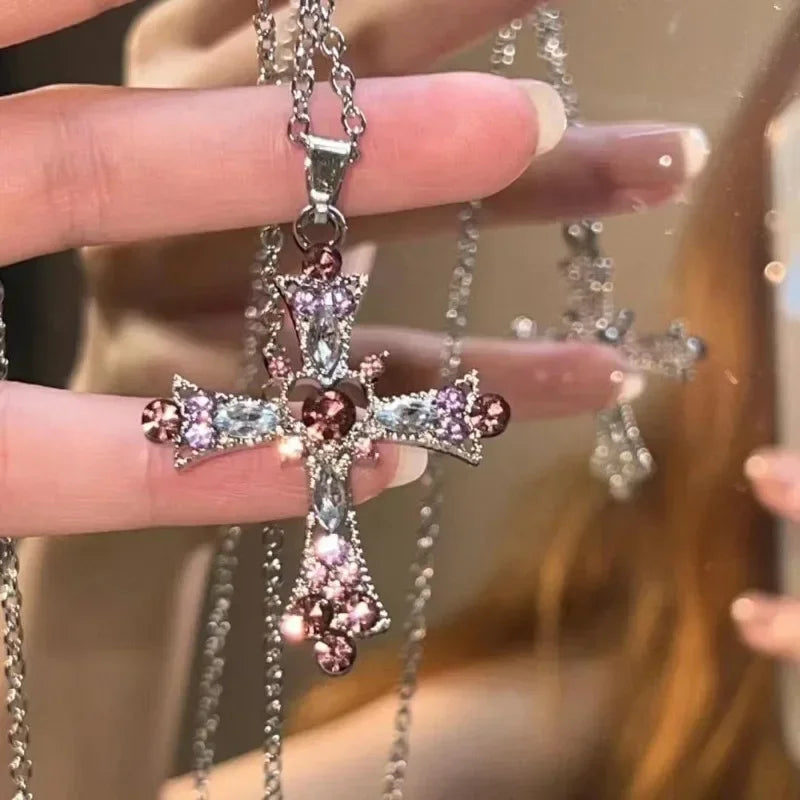 Crystal Cross Pendant Necklace for Women Girls  Shiny Sweet Chain Punk Party Fashion Pendant Fashion Y2K Jewelry Accessories