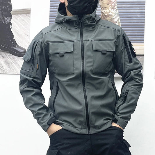 Tactical Softshell Jacket men  Multi Pockets Hood Windbreakers Winter