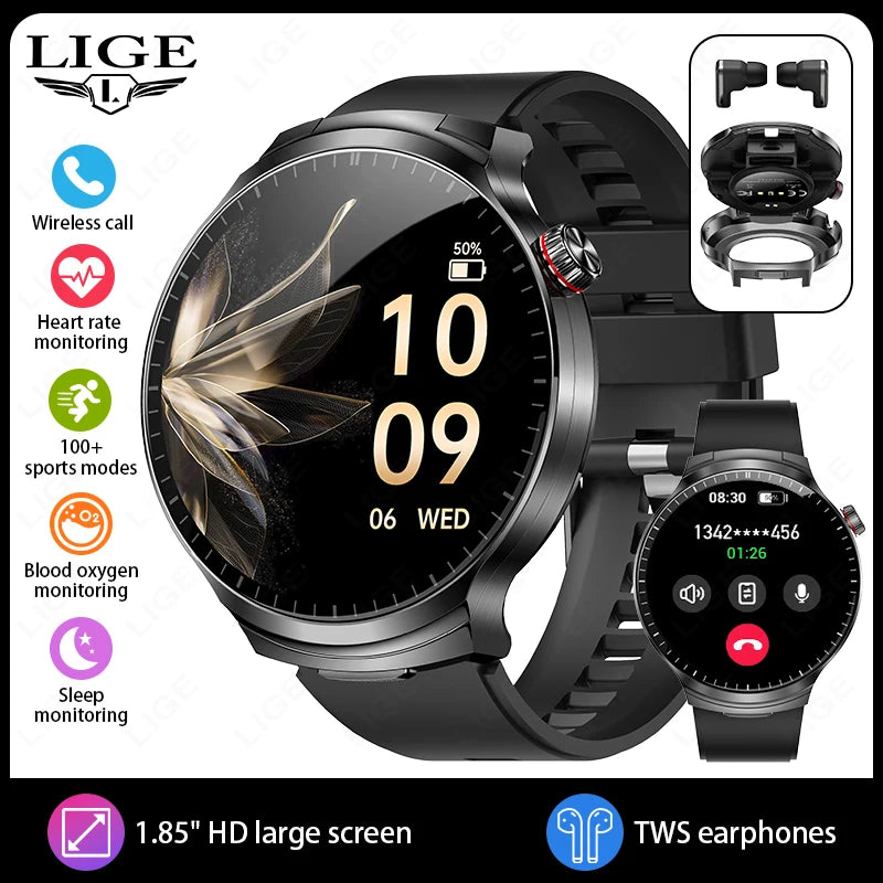 LIGE 2025 New TWS 2-In-1 Headset Smart Watch 1.85" Bluetooth Call Men Earphone Smartwatch Heart Rate Health Monitor Music Watch