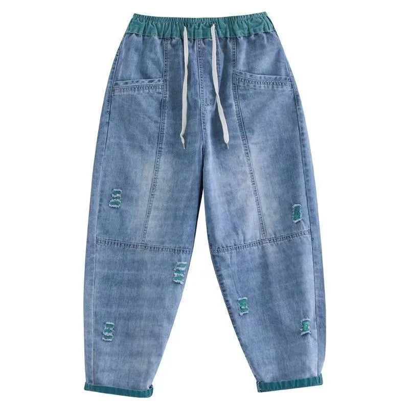 Ripped Splice Baggy Ankle-Length Harem Jeans Women Elastic High Waist Denim Pant