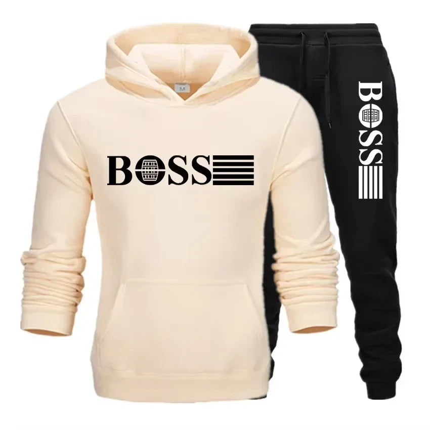 Winter and autumn fleece thickened hooded pullover sweater jacket for men, casual sports outfit, two-piece set for men