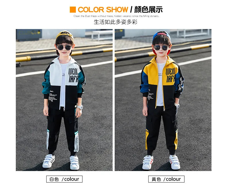2026 winter spring Tracksuit Clothes Boys Teenager Kids zipper splicing Child set jacket hooded + striped Pant 8 9 10 11 12 year