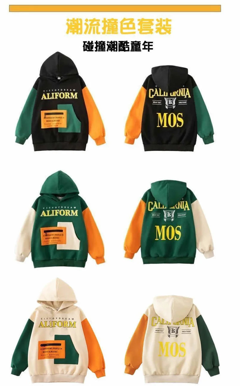 Boys Tracksuit Sets Children Patchwork Letter Sweatshirts+Pants 2Pcs Outfits Teenager Autumn Fashion Hooded Suits Spring Clothes
