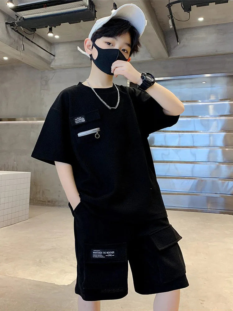 T-Shirt+Shorts 2-Piece Set Summer Kids Boys Letter Printing New Children Teen Loose Comfortable Sports Casual Clothes For 4-14 Y
