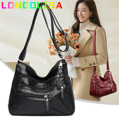 Women's Soft Leather Shoulder Bags Multi-Layer Pockets Classic