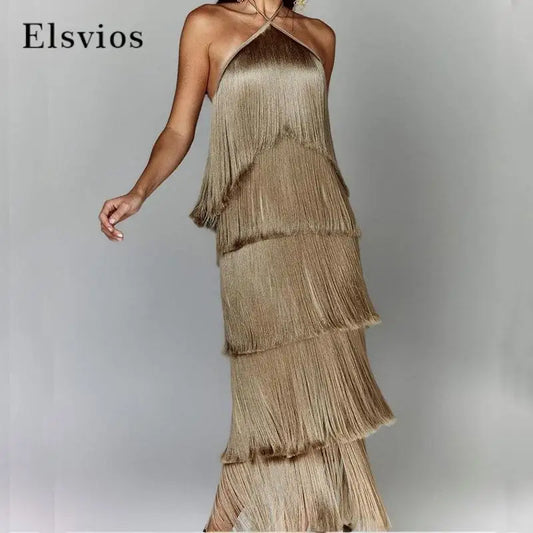 Fashion Layered Solid Color Dress Ladies Sexy Off-Shoulder High Waist Slim Dress Chic Club Party Fringed Sleeveless Long Dress