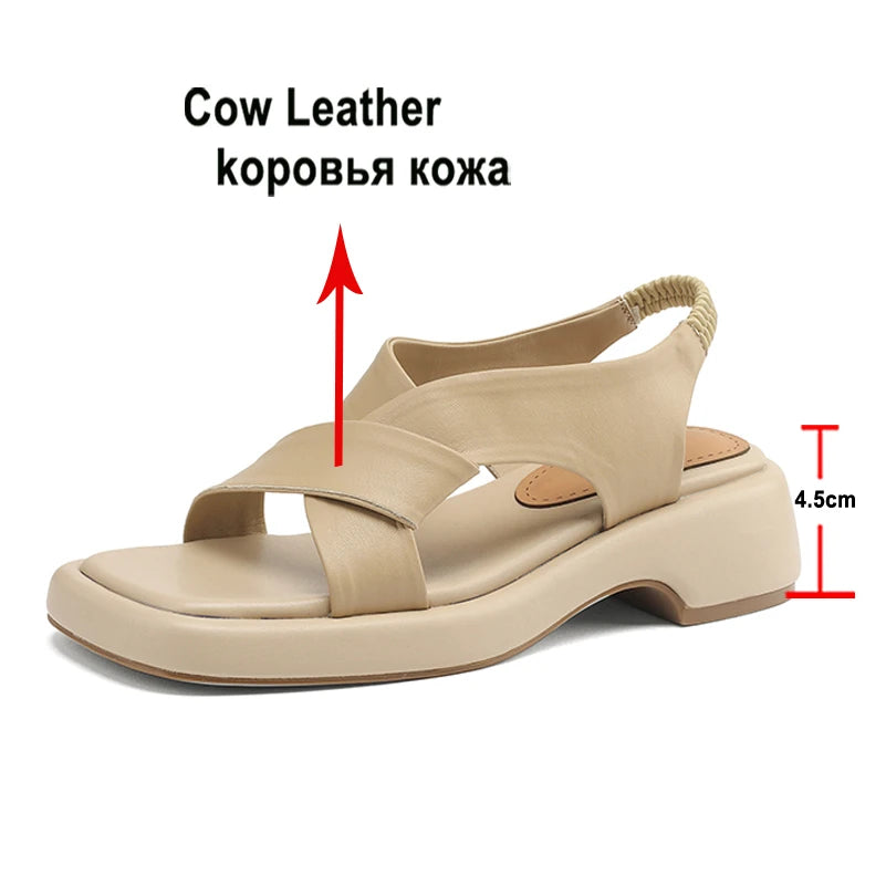 Meotina Women Genuine Leather Sandals Square Toe Platform Block Mid Heels Ladies Fashion Casual Shoes Summer Green Apricot 40