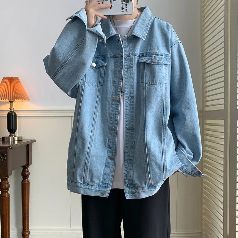 Plus Size 5XL-M Black Denim Jacket Mens Turn Down Collar Jeans Coats