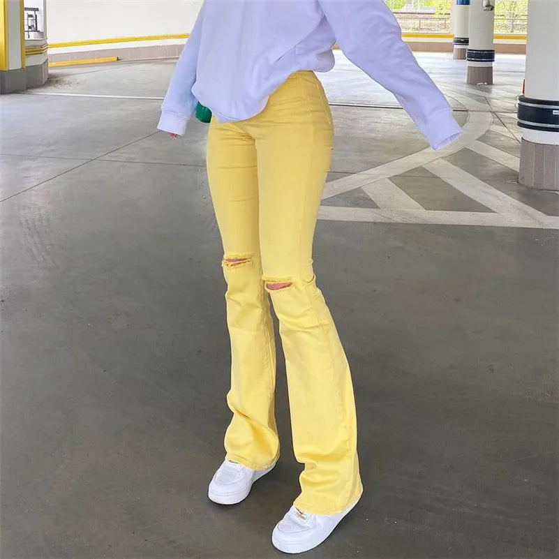 Women Stretch Flare Yellow Ripped Jeans Lady Vintage Y2K PunkbHips Strap Pants L