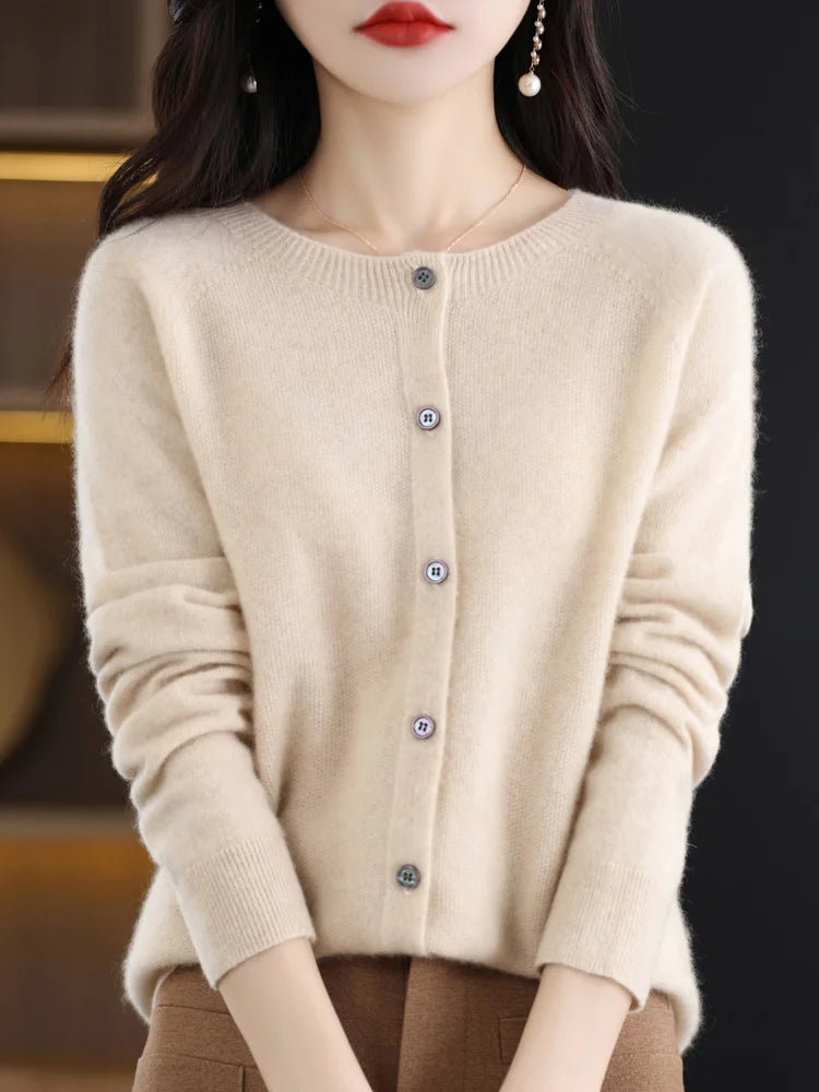 Long Sleeve 100% Merino Wool Sweaters Cashmere Cardigan Spring Autumn Women