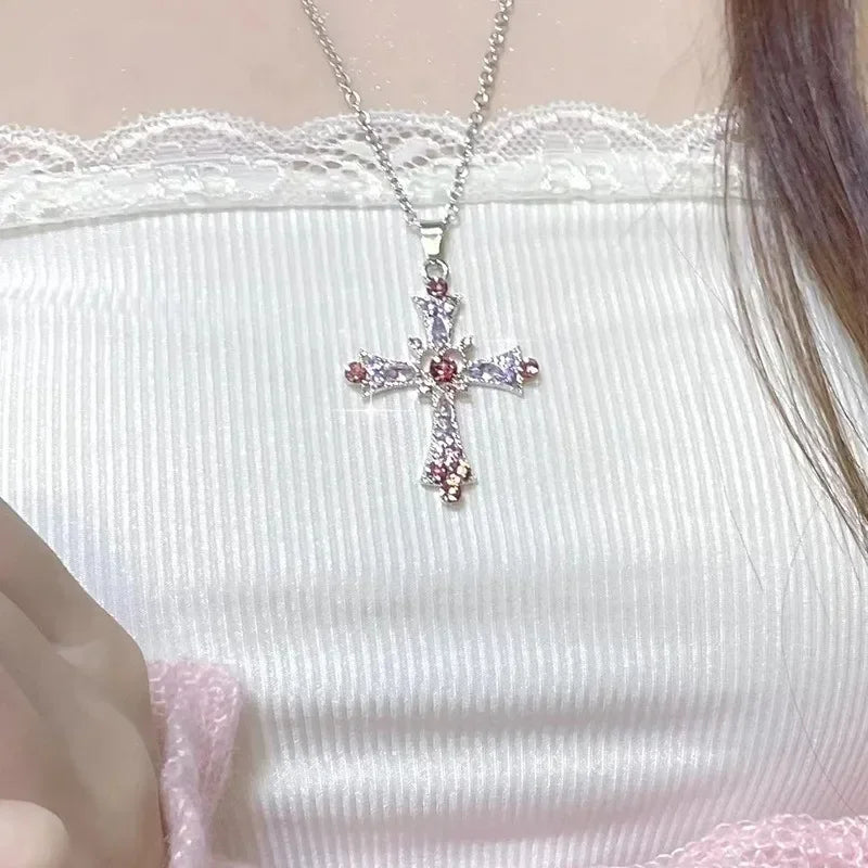 Crystal Cross Pendant Necklace for Women Girls  Shiny Sweet Chain Punk Party Fashion Pendant Fashion Y2K Jewelry Accessories