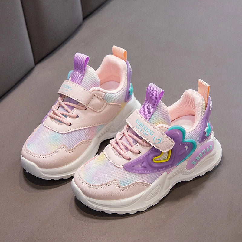 Girls Sports Shoes Kids Running Shoes Pink Breathable Air Mesh Heart Sweet Sneakers