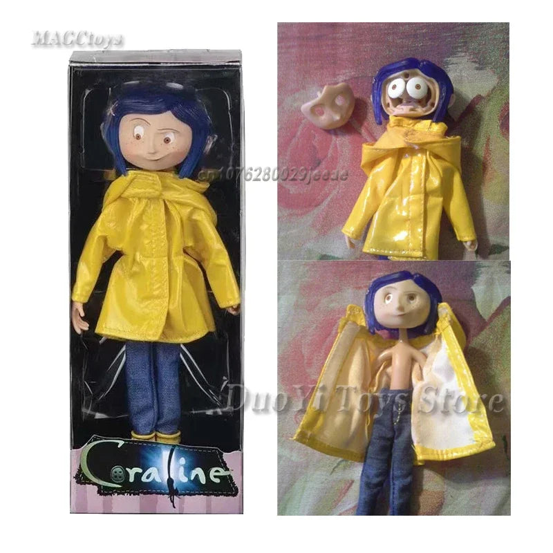 NECA Anime Coraline Doll Articulated Anime Figure Raincoat Sweater In Striped Shirt Toy LA Girl Decoration Model Bithday Gifts