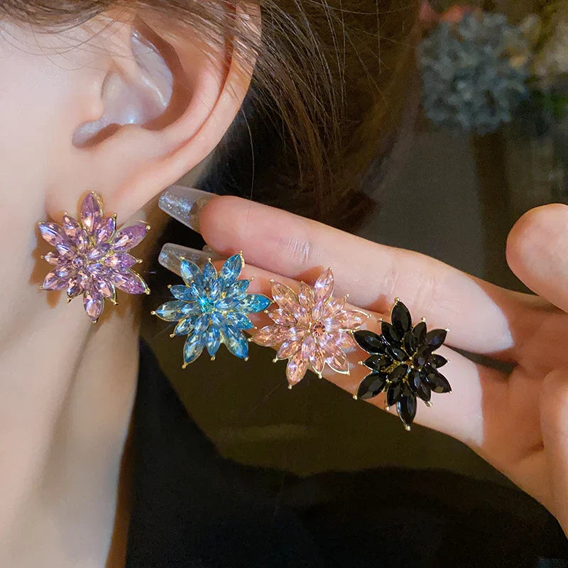 Rhinestone Flower Earrings for Women Korea Simple Sweet Stud Earrings Luxury High-grade Solid Color Charm Jewelry Girls Gift