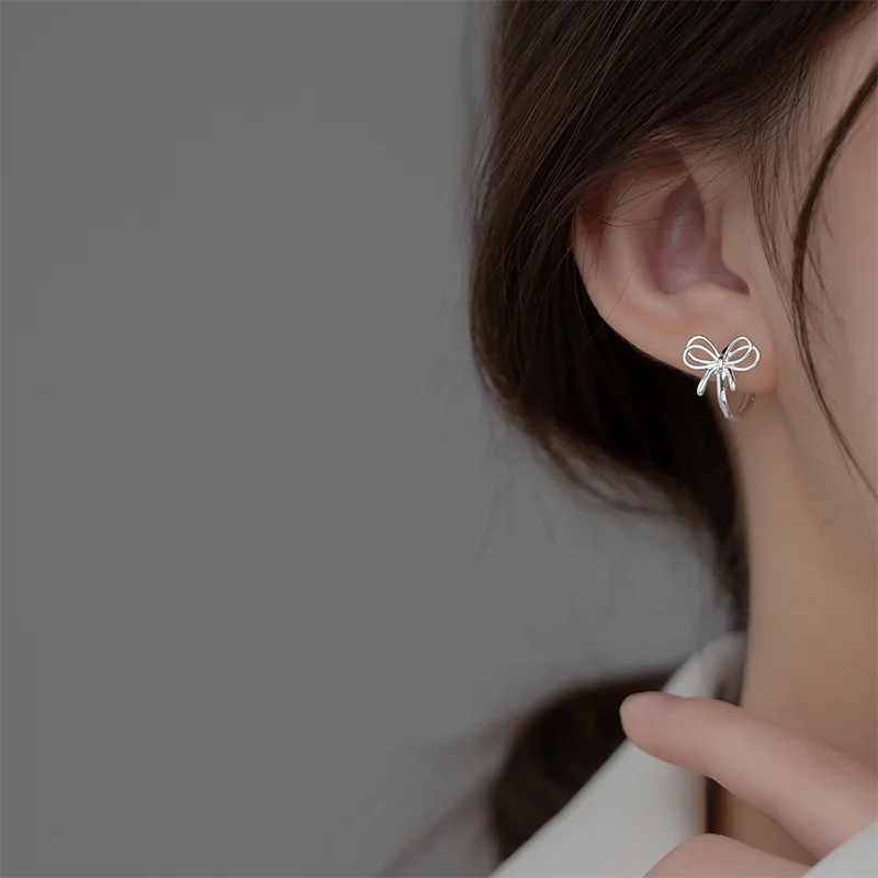 WANTME 925 Sterling Silver Hollow Romantic Bow Huggies Ear Hoops Earrings for Women Fashion Elegant Charm Party Jewelry Gifts