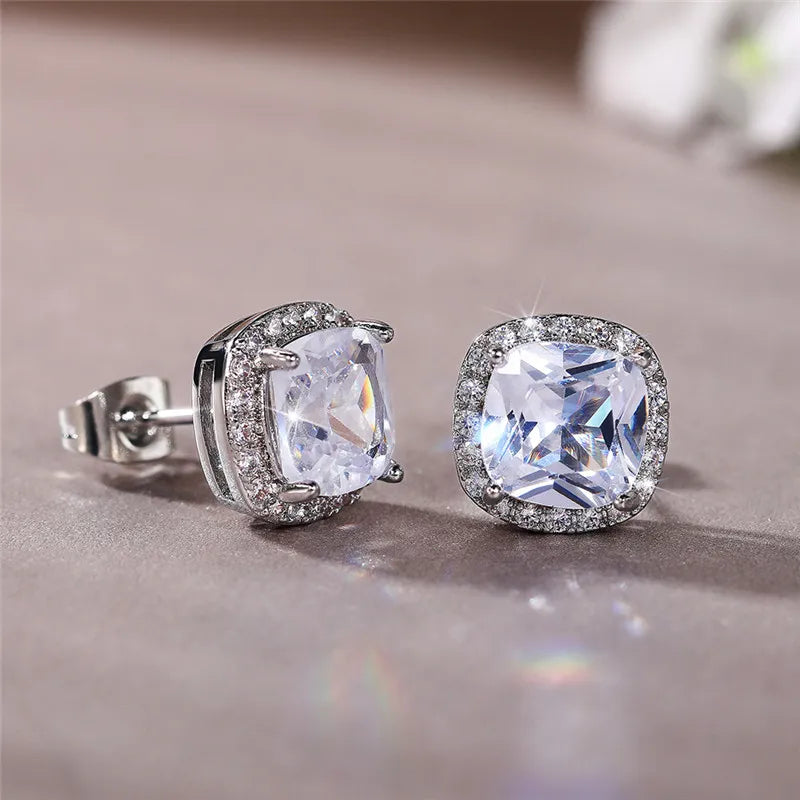 Ne'w Bright White/Yellow/Pink CZ Stud Earrings for Women Fashion Contracted Jewelry High Quality Wedding Engagement
