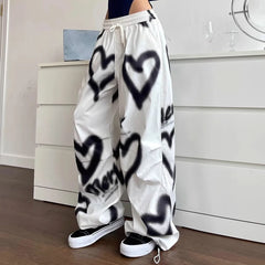 Y2K Love Graffiti Wide Leg Pants Women High Waist Streetwear Loose Drawstring