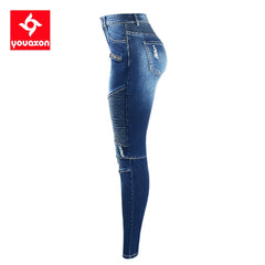 Women`s Fashion Motor Biker Style Jeans Mid High Waist Denim Skinny Pants Jeans