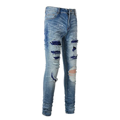 Men Crystal Stretch Denim Jeans Streetwear Painted Patch Skinny Tapered Pants