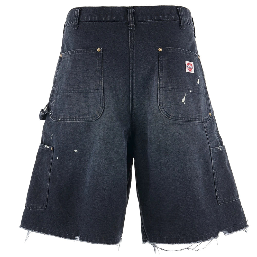 Black Nice Washed Damaged Saint DOUBLE KNEE Zipper Denim Shorts Men Women Oversized Shorts
