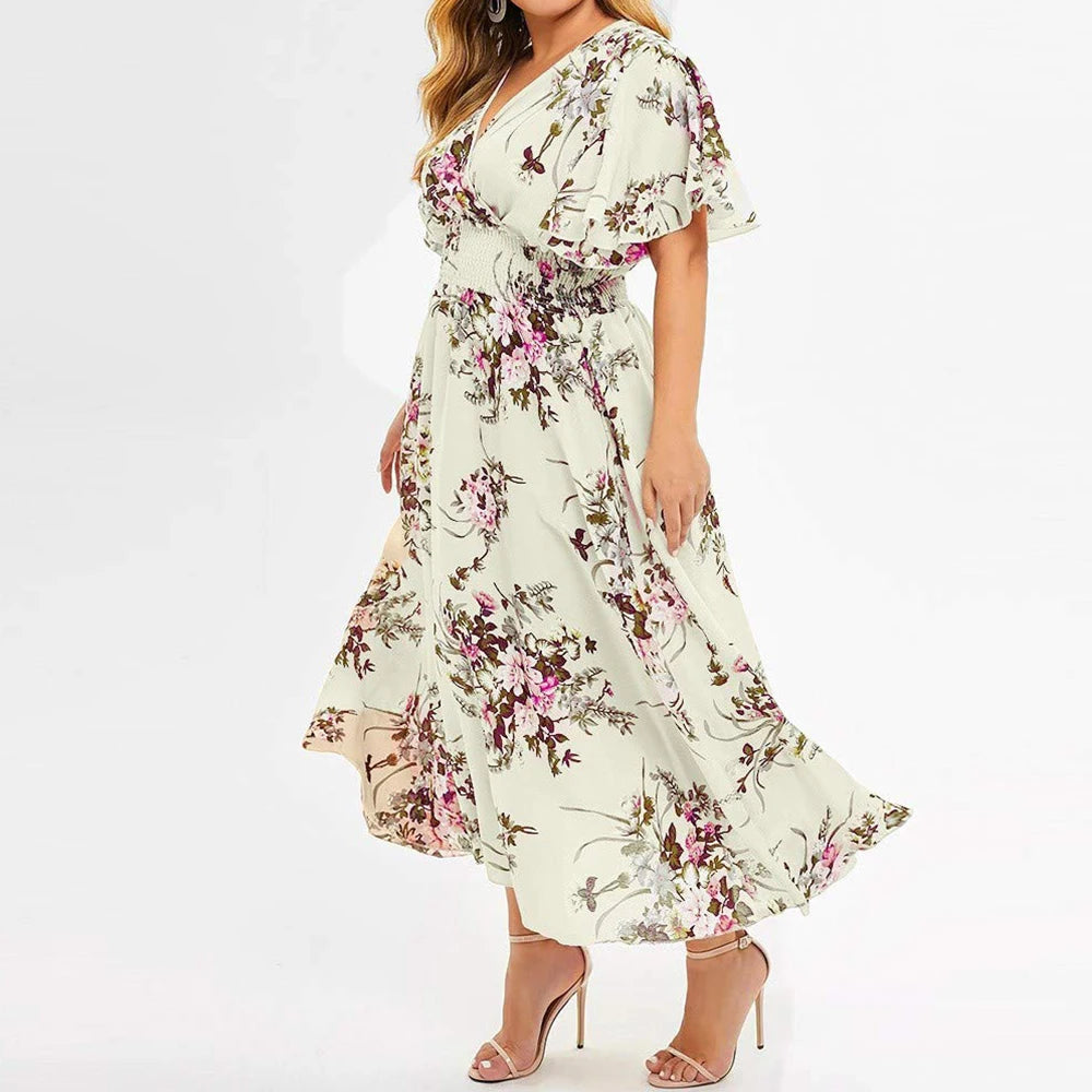 Plus Size 4XL 5XL Women Dress Floral Print Vacation Beach Sundress Summer Fashion Short Sleeved Oversize Dresses Street Wear