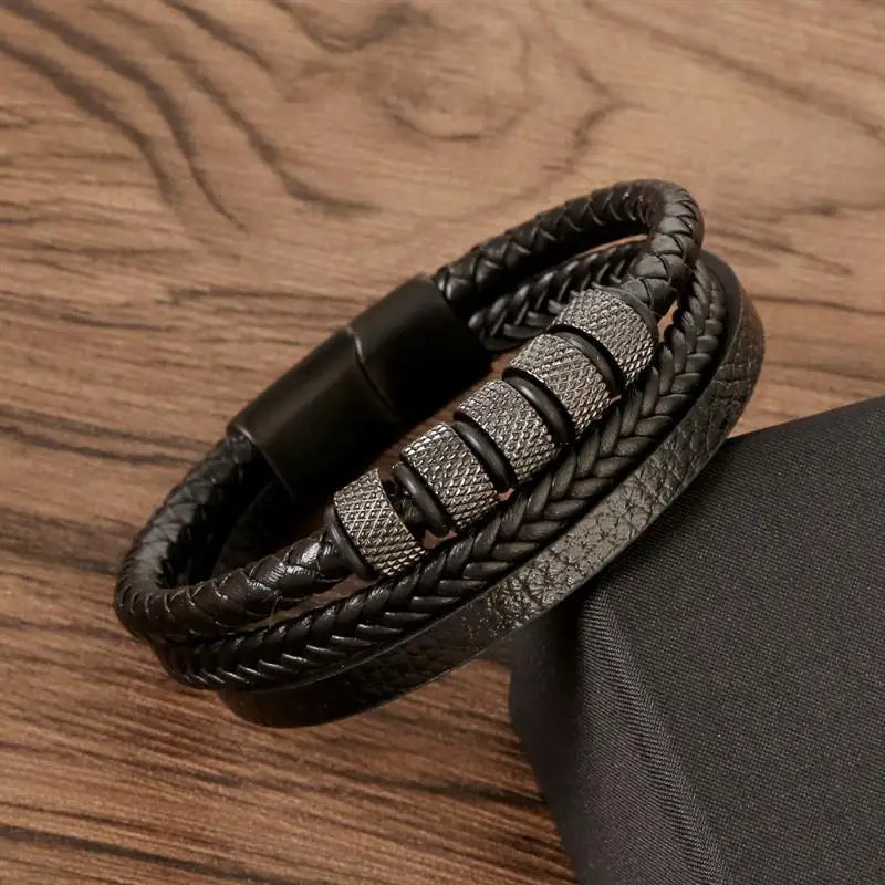 Punk Men Leather Bracelet with Stainless Steel Magnetic Clasp Braided Mutilayer Leather Wrapping Bangles Man Jewelry Gift