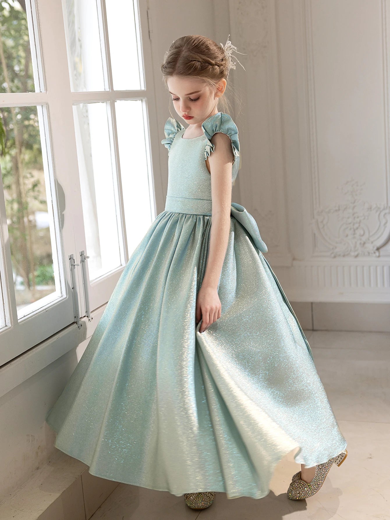 Children's High-end Blue Dress Back Big Bow Long Dress Weddings Birthday Party Gown