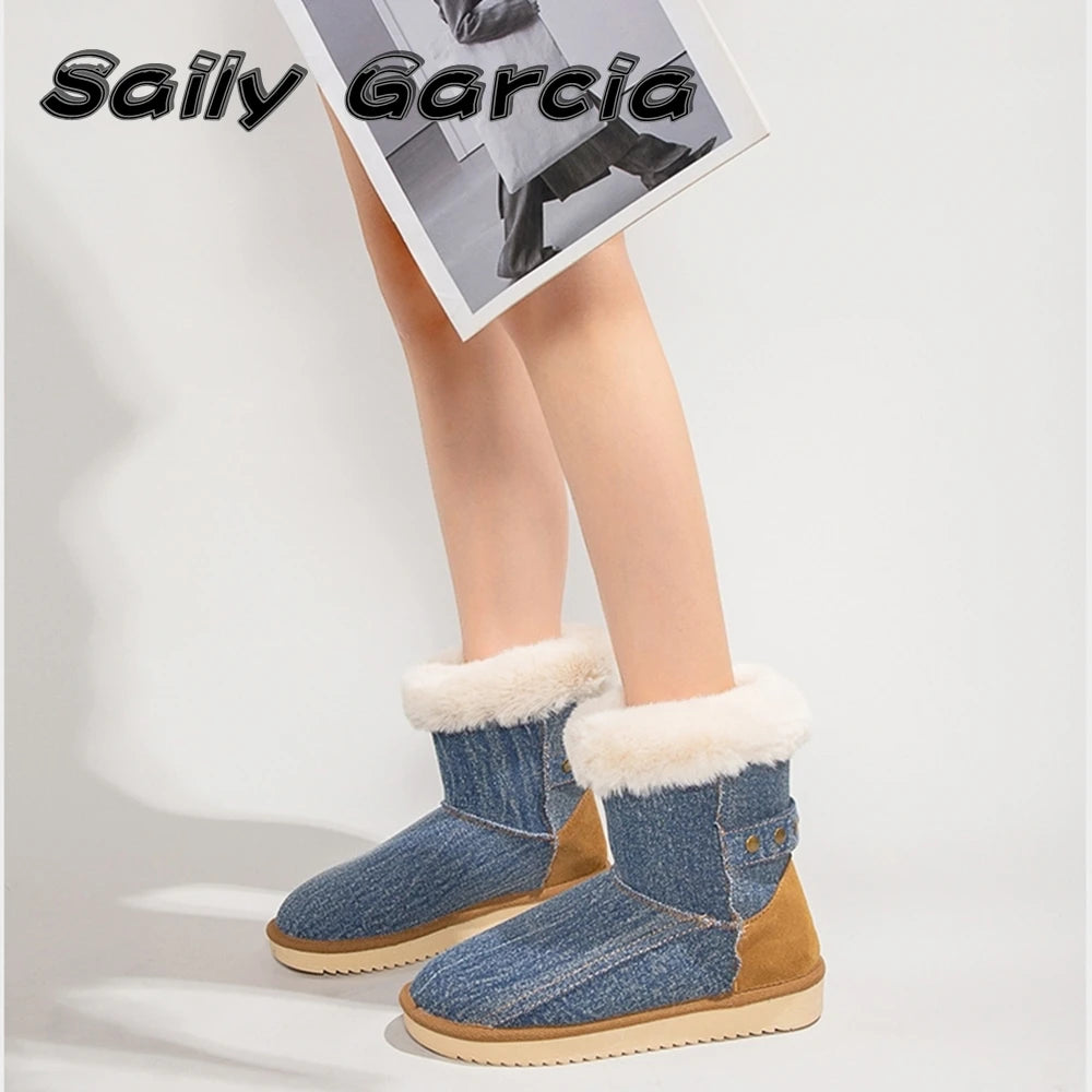 Blue Short Plush Snow Boots Year Wild Casual Mid Calf Boots Round Toe Platform