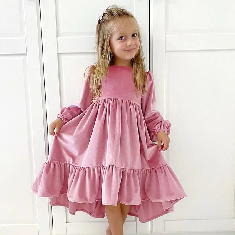 Girls Spring Autumn Winter Velvet Long Sleeve Ruffle Hem Dress