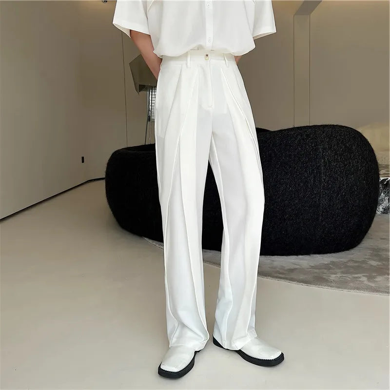 Fashion Pleat Design Casual Pants Men's Solid Color Straight Loose Spring