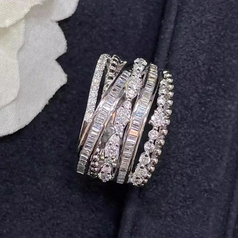 Huitan Gorgeous Trendy Wide Ring Women Fashion Multi Layer Design Brilliant Zirconia