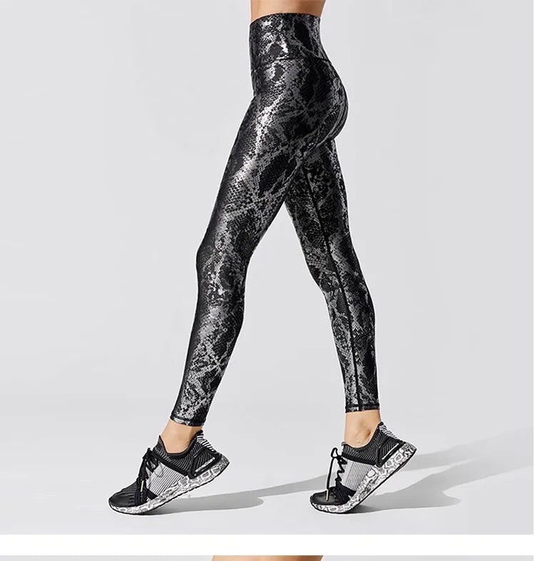 Women's Retro Metallic Snake Gym Leggings Blue Silver Shiny Legging Fitness Bottom
