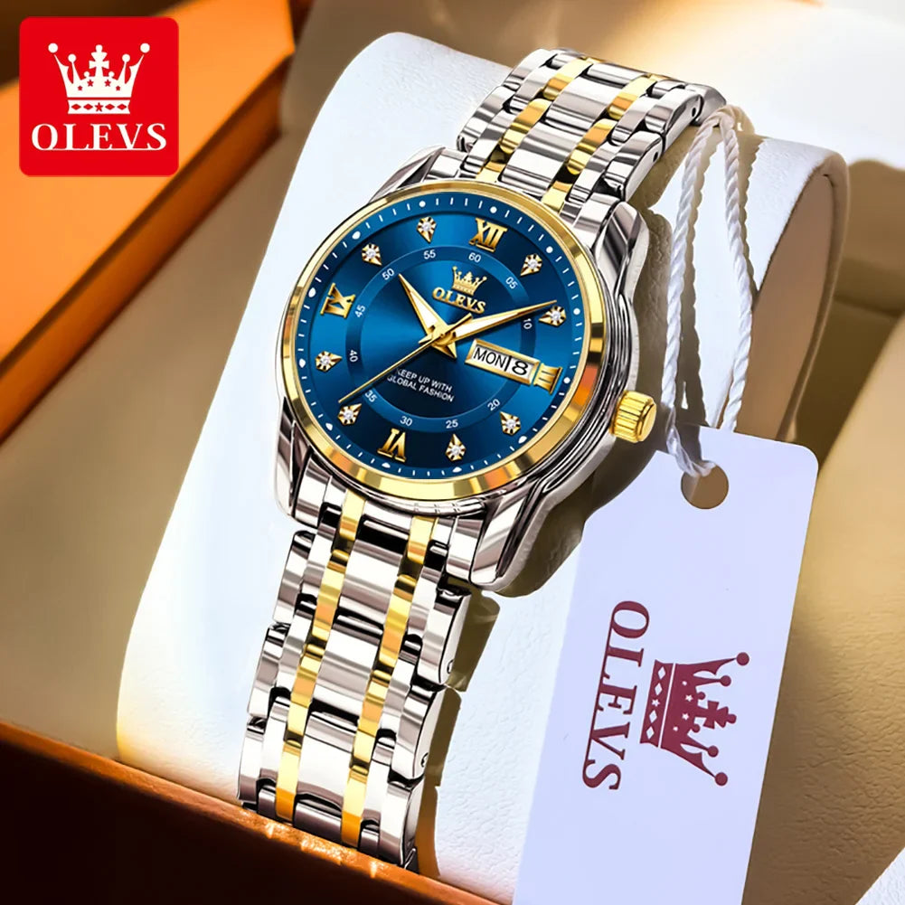 OLEVS 5513 Quartz Watch for Women Diamond Scale Dual Calendar Stainless Steel Strap Waterproof Watch Elegant Ladies Wristwatches