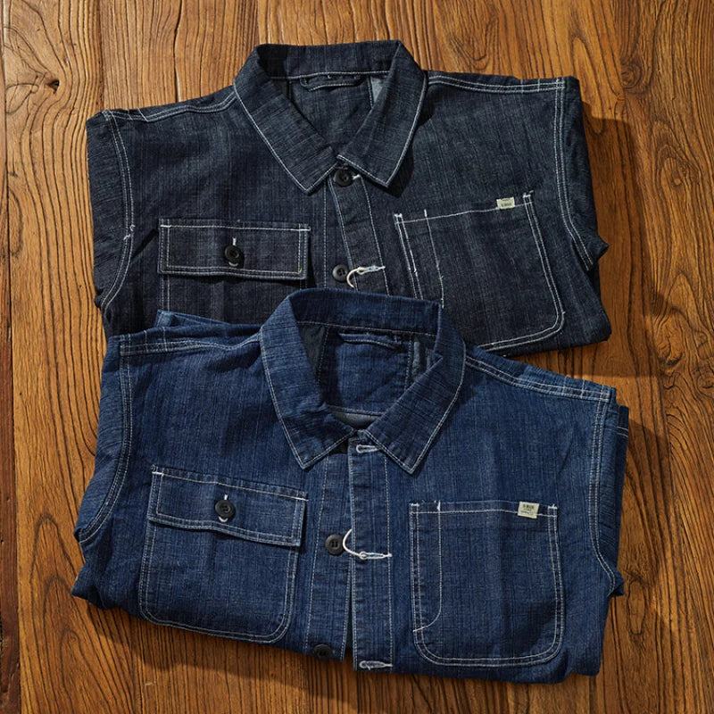 Autumn Retro Cargo Denim Jacket Men's Clothes Casual Jeans Coat
