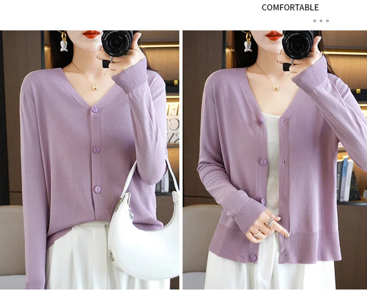 Summer Korean Version Thin Solid V-Neck Ice Silk Knitted Long Sleeve
