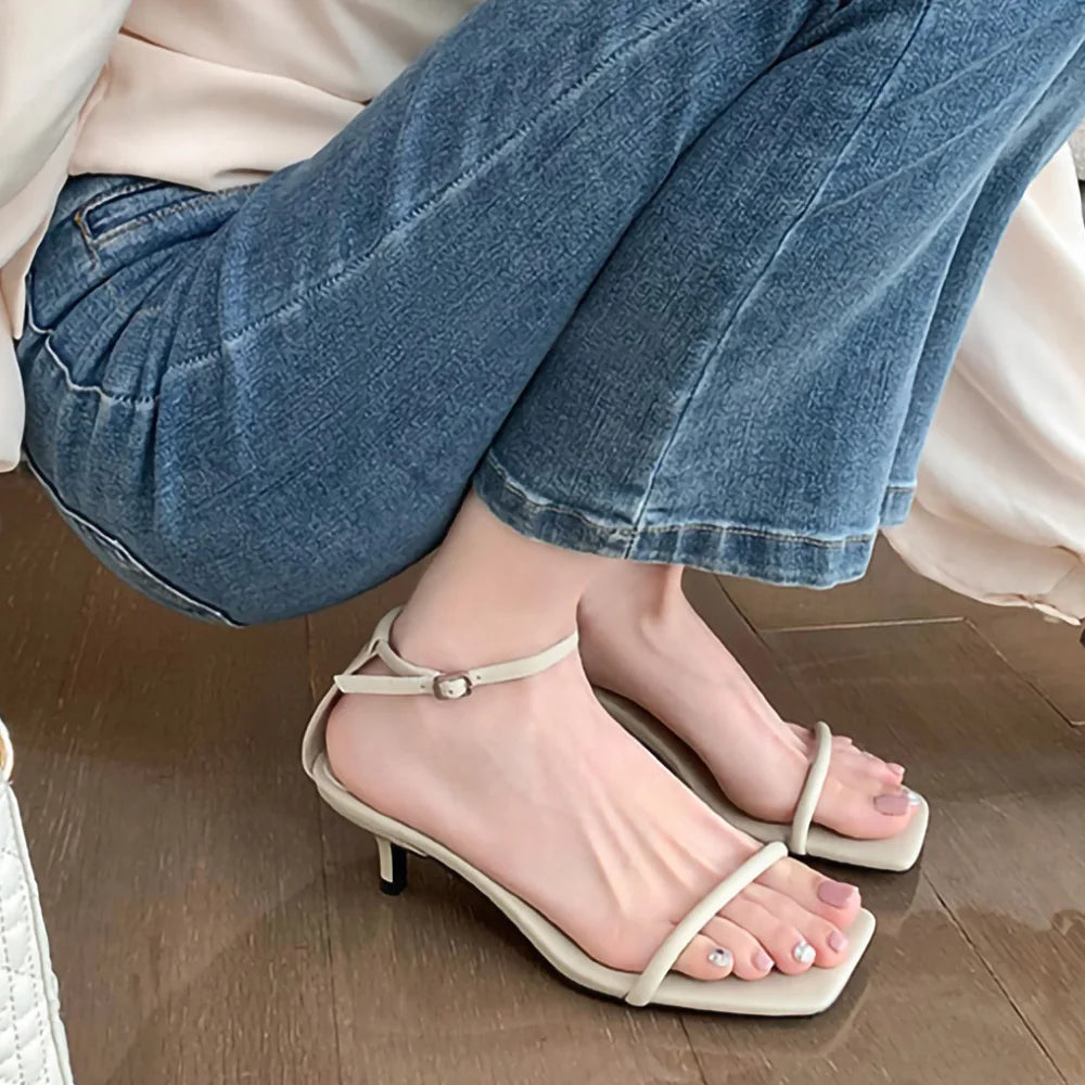 Fashion Summer Ladies Shoes Genuine Leather Designer Sandals Kitten Heels Shoes