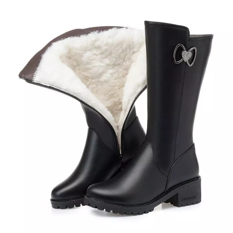 AIYUQI Women Riding Boots Winter 2023 Genuine Leather Women Motorcycle Boots Large Size Wool Warm Shiny Women Snow Boots