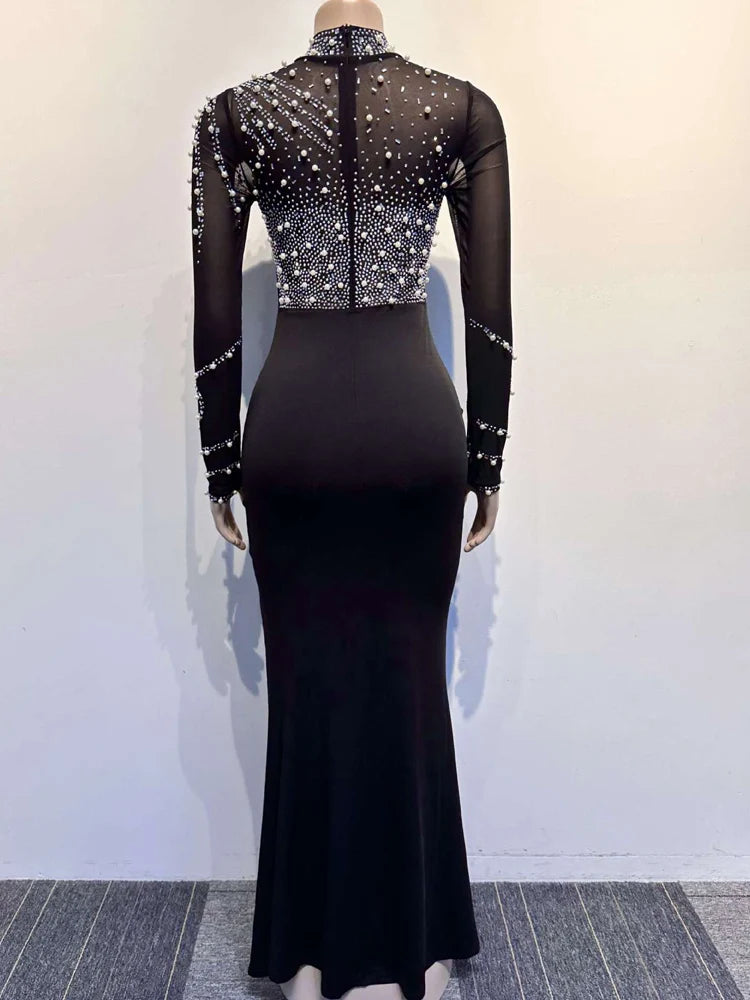 Evening wear Dresses: Sparkle See-Through Mesh Pearls Diamonds Long Maxi Dress