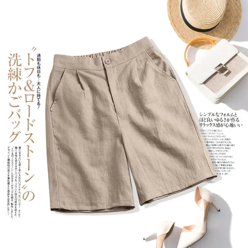 Khaki Solid Casual Linen Cotton Elastic High Waist Wide Leg Button Loose Women's Shorts Korean Fashion Summer Shorts Women 2024