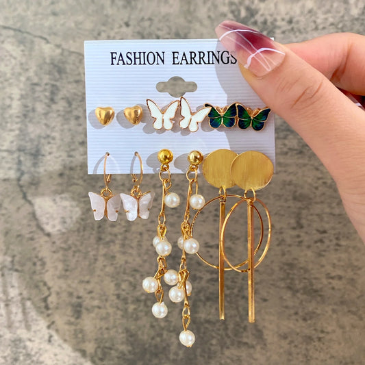 Fashionable Pearl Note Butterfly Geometric Tassel Stud Earrings Women Suit Elegant Charm Engagement Party Jewelry