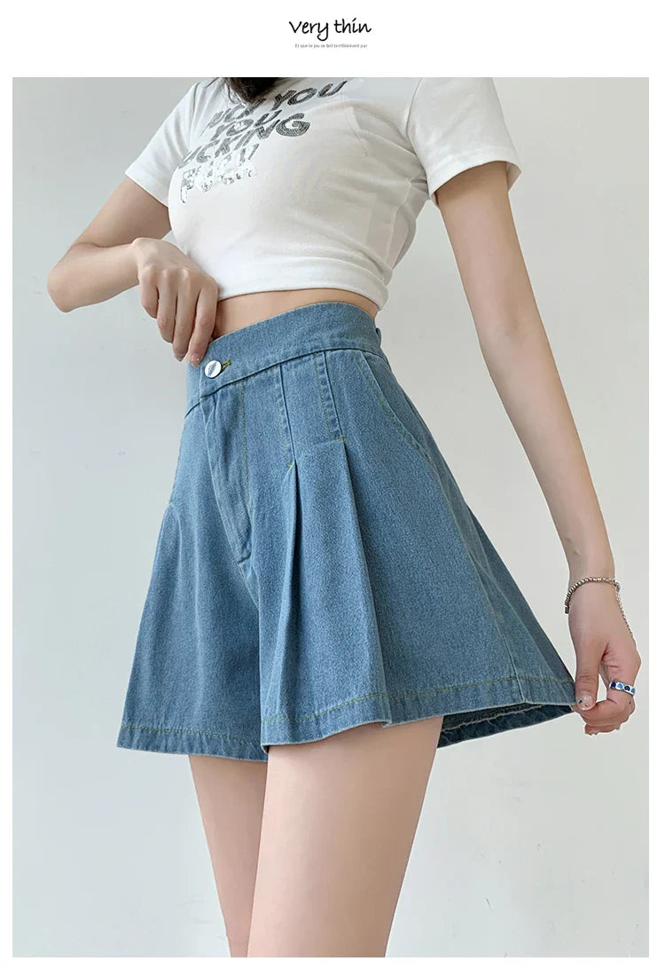DFRCAEG 2024 Summer Plus Size Denim Shorts For Women High Elastic Waist Blue Or Sky Blue Pleated Mini Large Size Short Femme