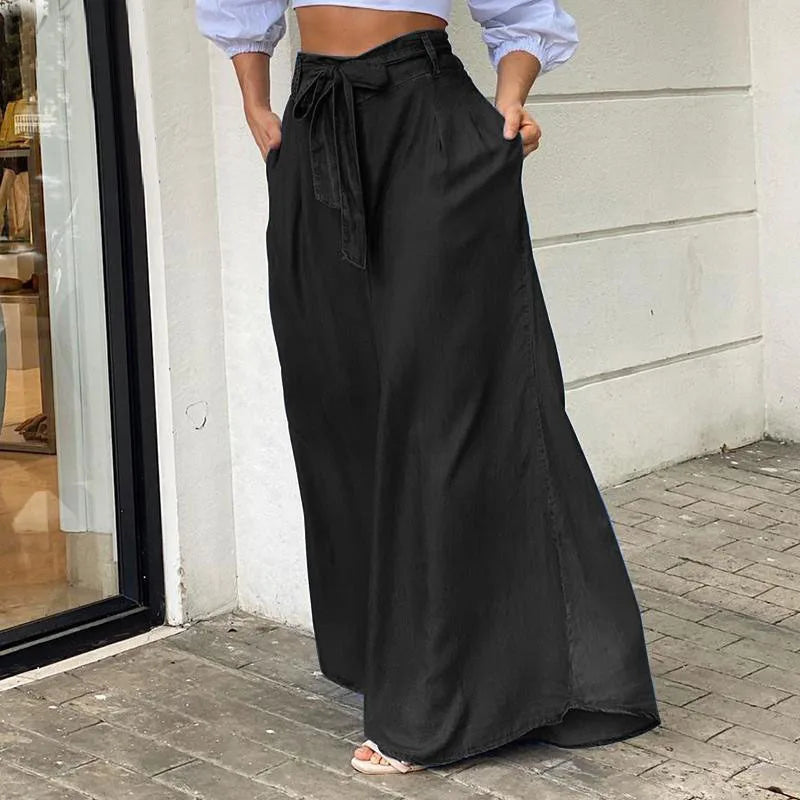 Women Long Pants High Waist Fashion Belted Casual Loose Solid Streetwear Women