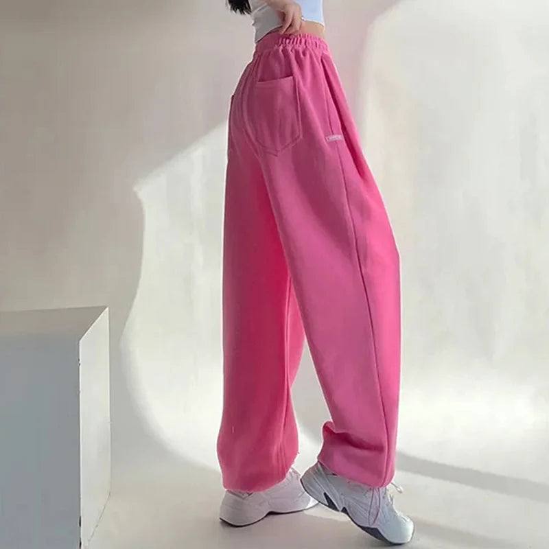 Rimocy Hot Pink Wide Leg Sweatpants for Women High Waisted Causal Sports Trousers