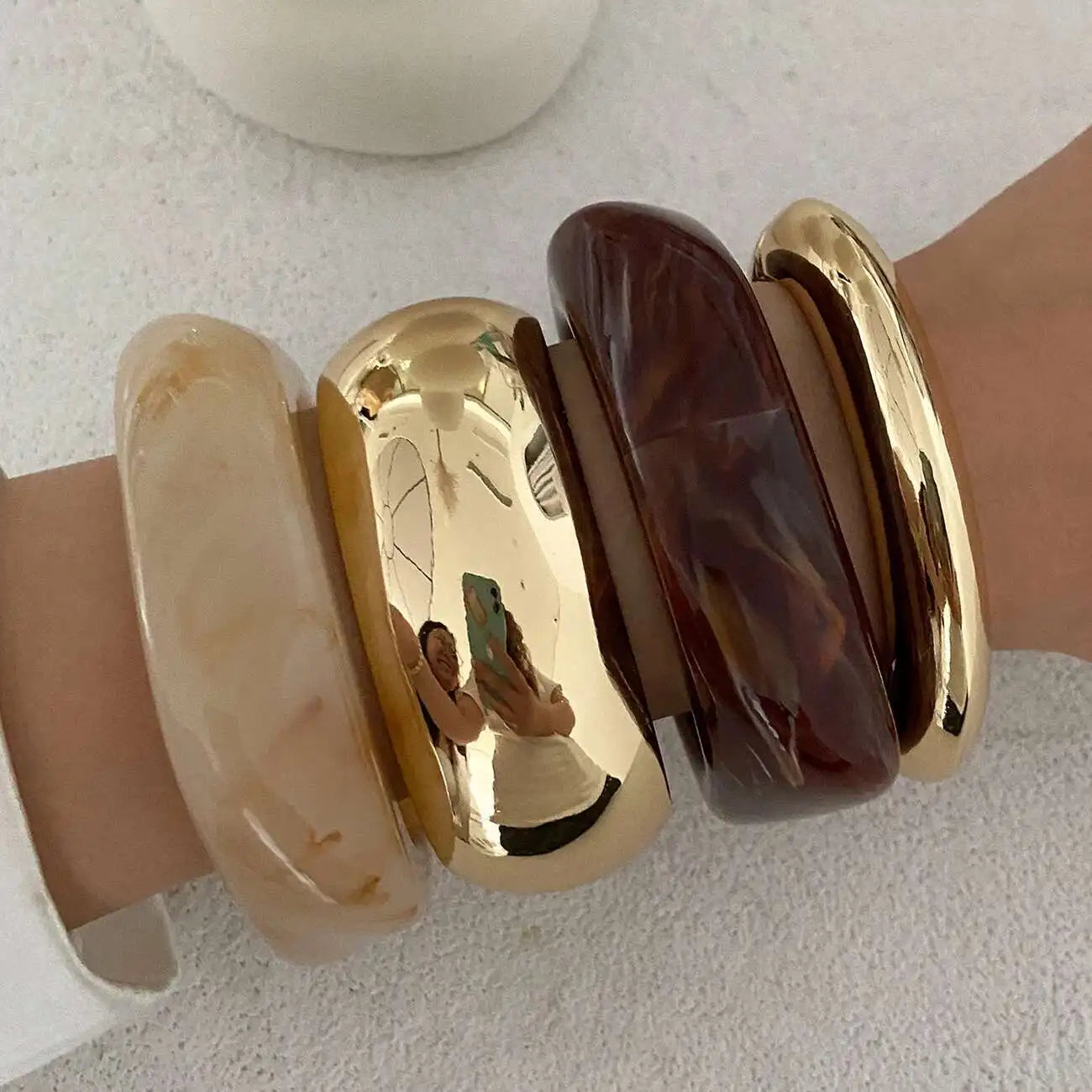 IngeSight.Z 3 Styles Vintage Irregular Resin Bangle Bracelets Women Punk Geometric Wide Metal Bracelet Chunky Party Jewelry Gift