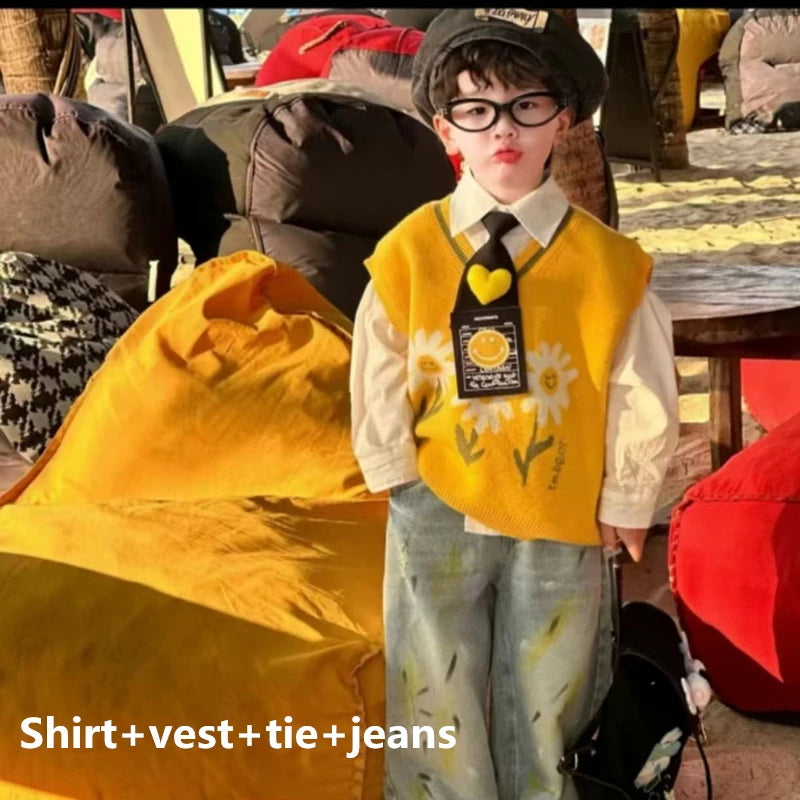 Shirt Cartoon Print Vest 3Pcs Set or With Retro Splash Ink Doodle Jeans Trendy Korean Streetwear 4pcs Outfit for Boys Gift Tie